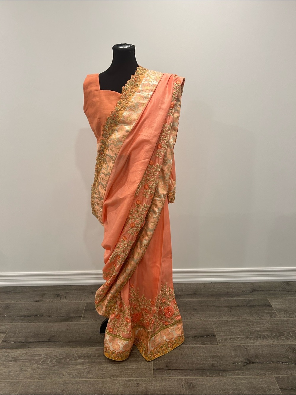 NWT Peach Embroidered Saree ready to wear